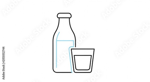 Simple Line Art Icon of Milk Bottle and Glass.