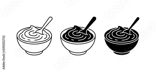 Foto Creamy Dip Bowls with Spoons, Vector Icons Set: Outline, Solid Black, and Filled