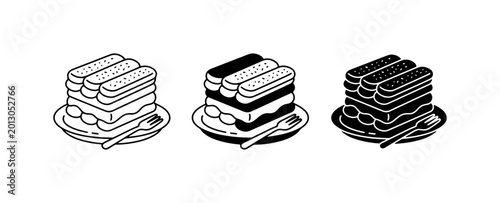 Tiramisu Dessert Icons, Layered Cake Vector Graphics, Italian Pastry Illustrations