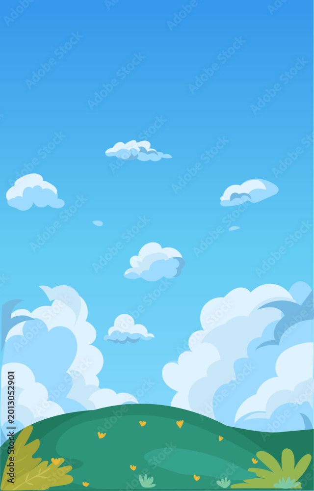 Fototapeta premium Bright Cloudy Blue Sky Background With Green Meadow Hills