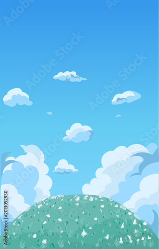 Dotted Green Hill Background With Scattered Sky Clouds