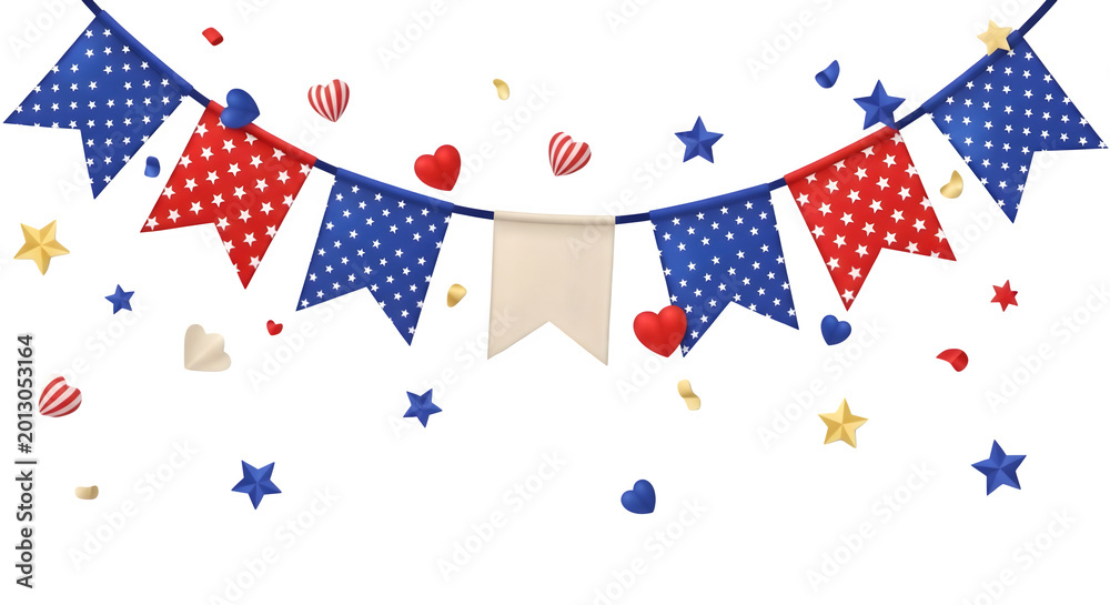Obraz premium American independence day celebration patriotic bunting stars hearts festive confetti