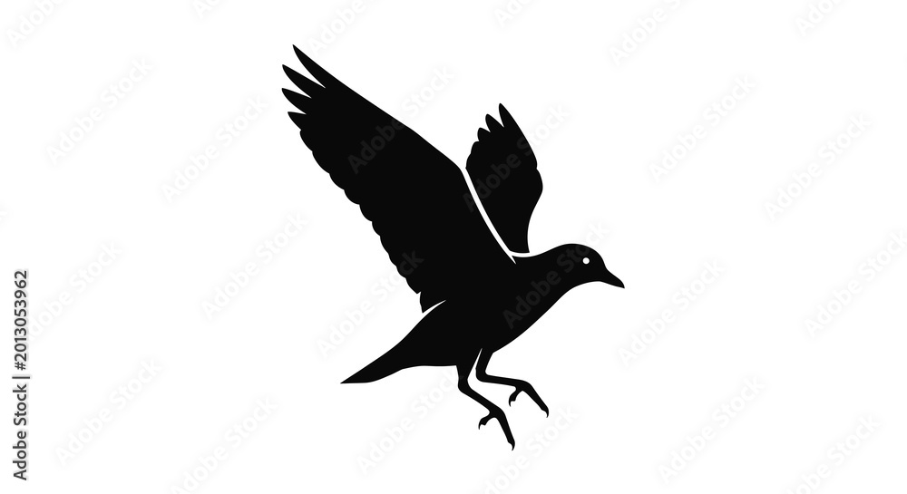 Obraz premium Black silhouette of a bird in flight against a white background, wings spread