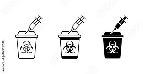Biohazard Sharps Container Icons, Medical Waste Disposal Vector Set, Syringe and Biohazard Symbol Graphics