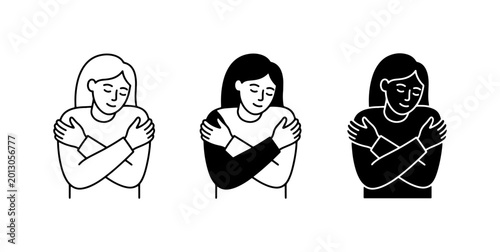 Foto Self-Care Hug Icons, Embrace Yourself Vector Set, Mental Health Support Graphics