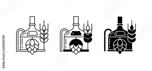 Brewery Icons Set: Craft Beer Production Equipment, Hops, and Wheat Grains, Vector Graphics for Beverage Industry
