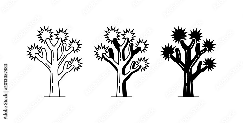 Fototapeta premium Joshua Tree Vector Icons, Desert Plant Silhouettes, Unique Flora Graphics, Set of 3 Stylized Trees