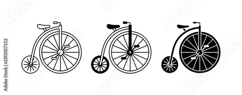 Bild auf Leinwand Vintage Penny Farthing Bicycle Icons, Retro High-Wheeler Vector Set, Classic Tra