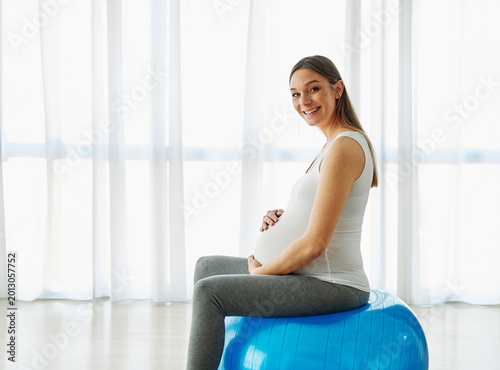 Portrait of a young happy pregnant woman doing exercise with a ball at home or in a gym Free Download Portrait of a young happy pregnant woman doing exercise with a ball at home or in a gym - GFXLoad