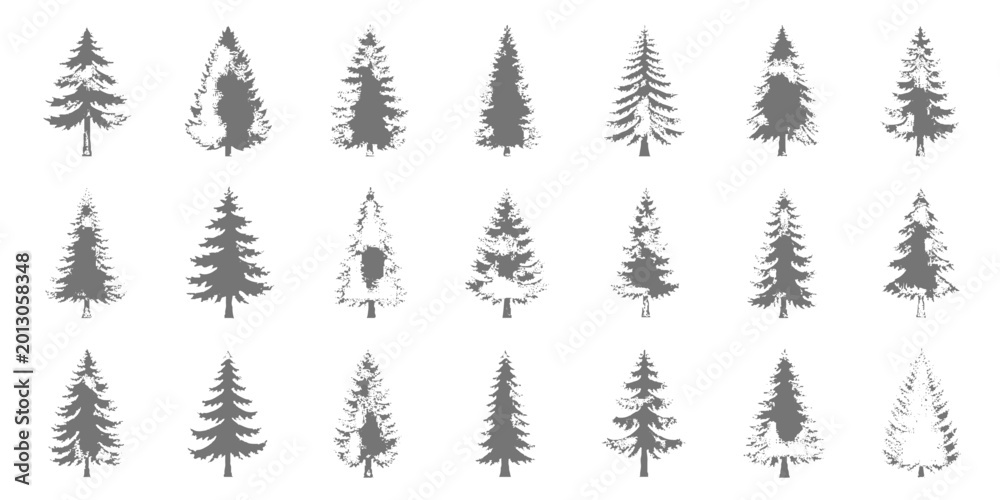 Fototapeta premium Minimalist line-art pattern of various hand-drawn pine trees arranged in a neat grid, black ink on white background, simple sketch style, clean and modern aesthetic vector illustration.