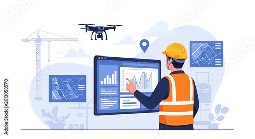Construction worker using drone technology for site analysis on a digital screen.
