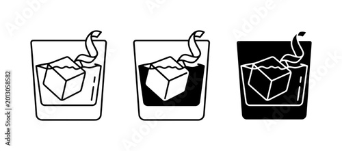 Obraz na płótnie Whiskey Cocktail Icons: Three Styles of Old Fashioned Drink with Ice and Garnish