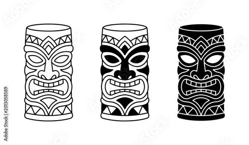 Foto Tiki Masks Vector Set, Tribal Icons, Polynesian Culture Symbols, Tropical Decor