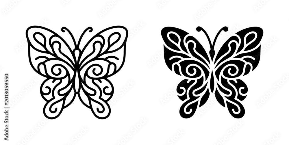 Fototapeta premium Ornate Butterfly Vector Icons, Decorative Insect Silhouettes, Elegant Swirl Patterns, Black and White Graphic Elements