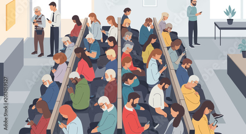 Billede på lærred Diverse people using smartphones in a waiting room or lecture hall