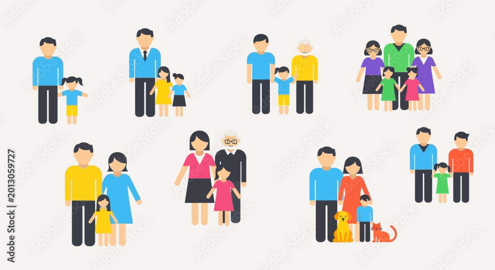 Fototapeta premium Diverse Family Groups Flat Icons - Generations, Parents, Children, Pets