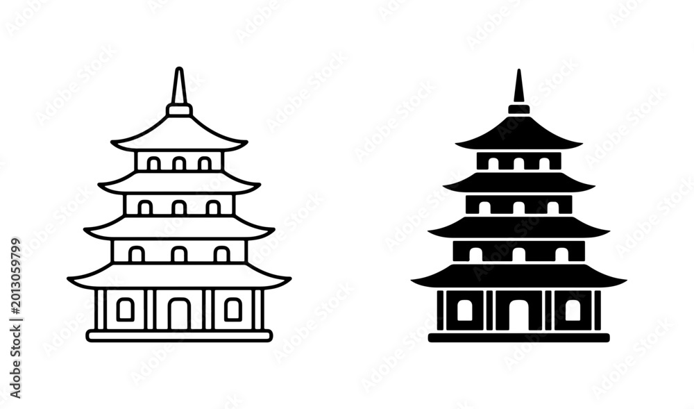 Obraz premium Japanese Pagoda Icon Set, Traditional Asian Architecture Vector Graphics, Cultural Landmark Symbols, Outline and Silhouette Building Illustrations