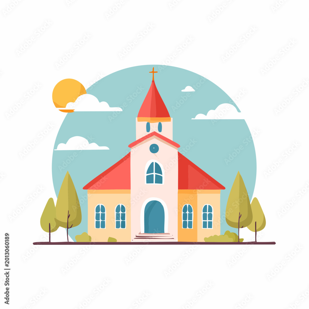 Naklejka premium Flat illustration of a church with a red roof and bell tower