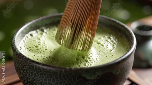 Preparing matcha green tea powder with a bamboo whisk in a textured ceramic bowl, frothing the beverage for a traditional Japanese tea ceremony, organic healthy drink