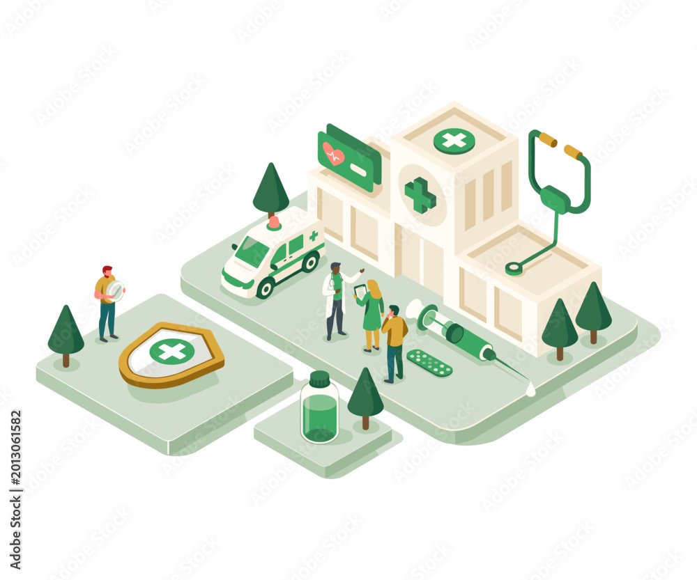 Fototapeta premium Healthcare and medical services concept with hospital building and ambulance medical staff emergency service first aid transport healthcare hospital ambulance medicine treatment