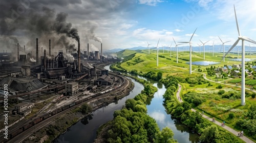 The image contrasts a heavily polluted industrial landscape with a clean, renewable energy environment.