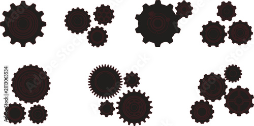 Foto Gear clusters appear as dark silhouettes arranged in a grid for technical and engineering concepts