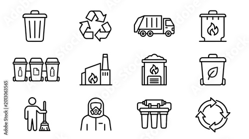 Foto Set of outline icons related to waste management and recycling processes