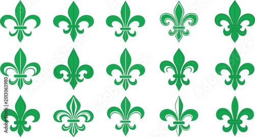 Canvastavla A collection of fifteen green fleur-de-lis symbols are displayed in a grid formation against a white background, representing heraldry and ornamental design