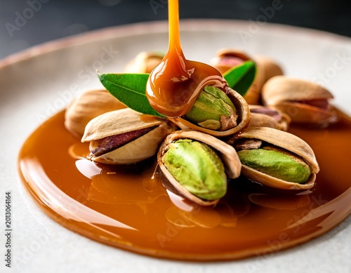 delicious pistachios cracked open revealing vibrant green kernels with rich caramel sauce splashing and dripping creating an enticing food and snack visual