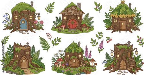 Slika na platnu Magical fairy garden tree stump house vector collection with whimsical forest dwellings mushrooms flowers and enchanted woodland nature elements