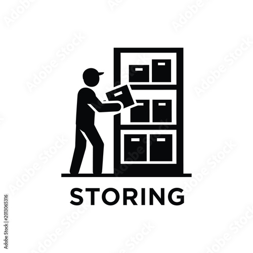 Foto storage icon featuring a worker placing a box onto a shelving unit black silhoue