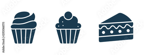Bakery icon set with cupcake, muffin, and cake slice symbols in solid style