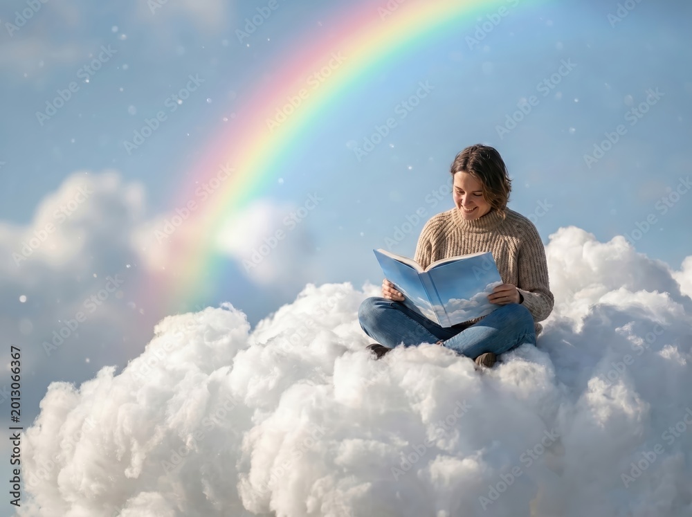 Obraz premium Person reading on a cloud with a rainbow