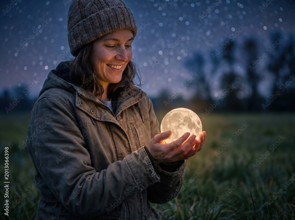 Naklejka premium Woman holding a glowing moon in her hands