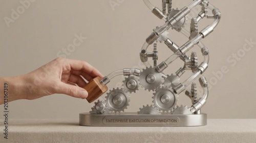 Person's hand holding a wooden block with metal gear mechanism symbolizing enterprise execution optimization