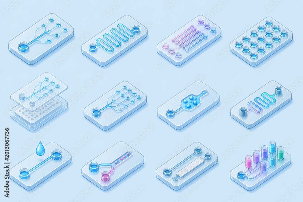 Fototapeta premium Isometric blue glass tech tiles with circuits nodes and molecular data panels for science education presentation design