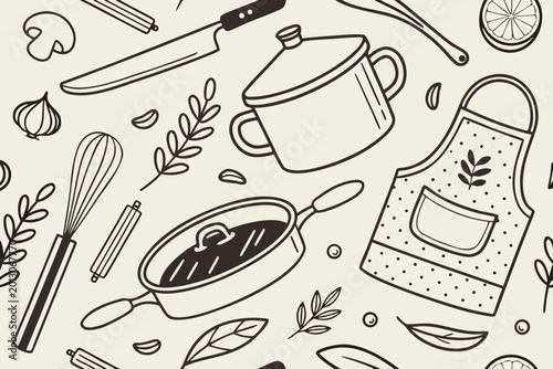 Kitchen Utensils Seamless Pattern Vector Background for Cooking Design