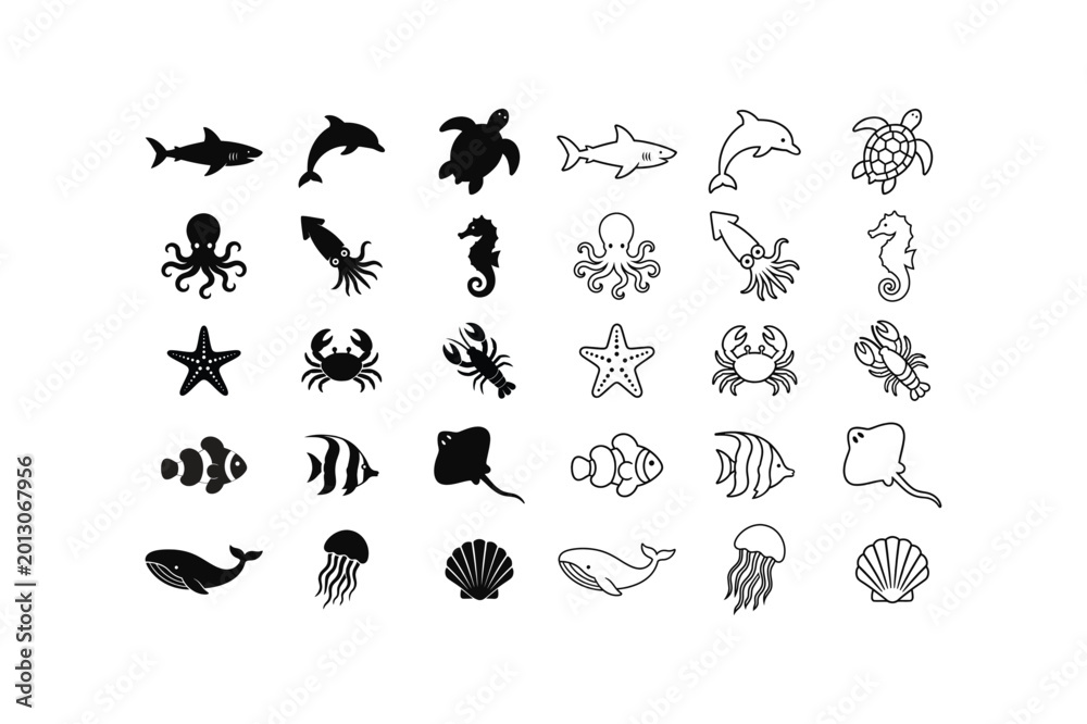 Fototapeta premium Ocean Creature Silhouette Icon Collection