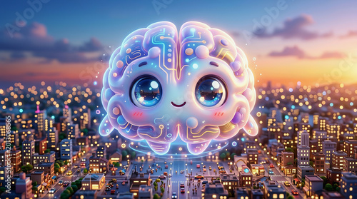 Cute cartoon brain with glowing eyes floats above a vibrant city skyline at sunset, symbolizing artificial intelligence and urban innovation.