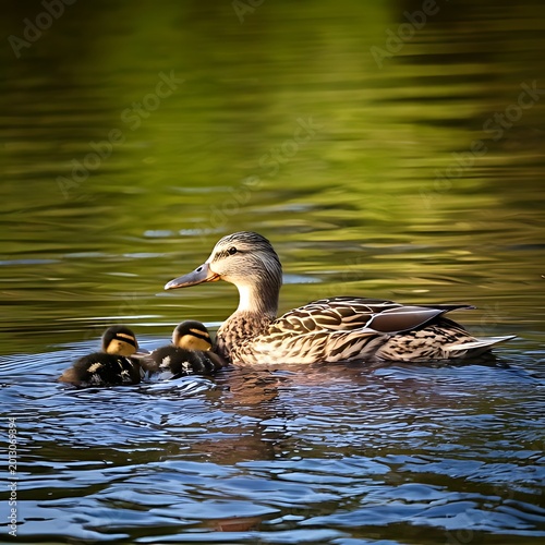 Mother duck swims with three ducklings