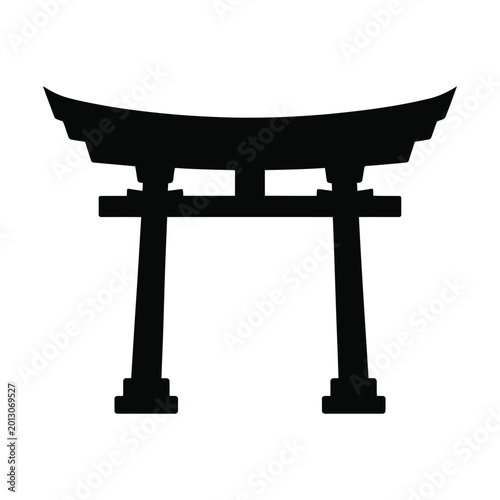 Fényképezés Japanese Torii Gate Silhouette Icon, Black Minimal Shinto Shrine Gate on White B