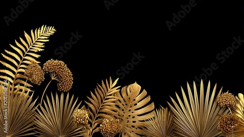 Golden tropical palm leaves and exotic flowers are arranged along the bottom border against a black background.