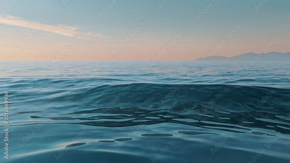 Fototapeta premium Calm Ocean Waves Reflecting Soft Sunset Sky Over Distant Hills