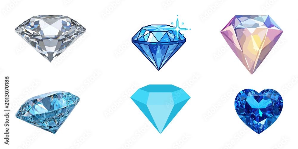 Fototapeta premium Collection of various diamond and gemstone icons in different artistic styles including pixel art and realistic 3D renderings for games and design projects