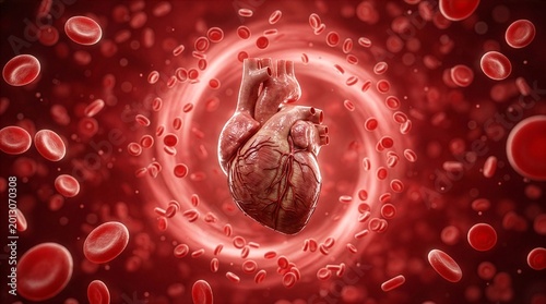 Detailed Human Heart Floating in Bloodstream Background