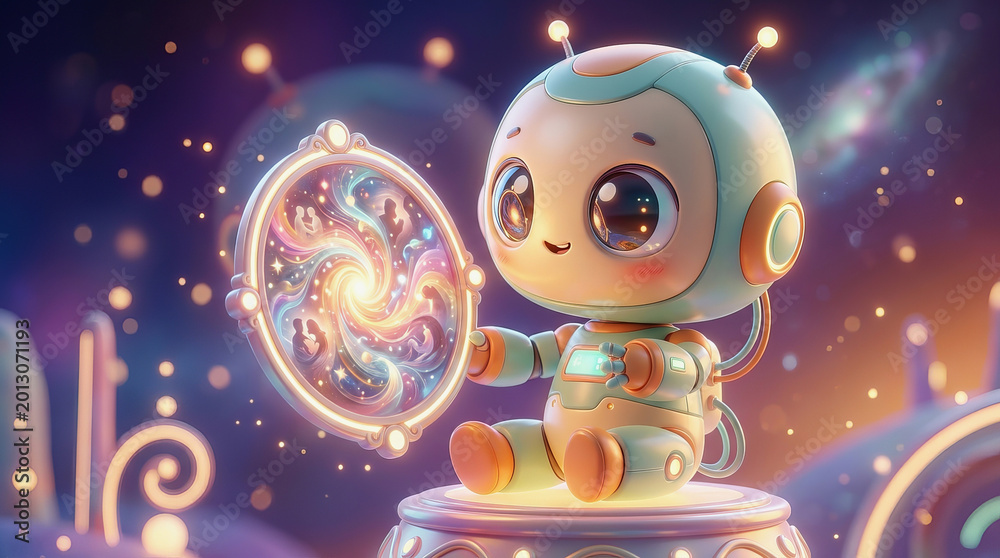 Naklejka premium Cute cartoon robot holding a glowing magical portal in a colorful space setting with stars and sparkles.