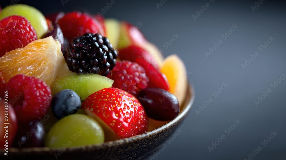 Fototapeta premium Vibrant assortment of fresh mixed fruits including strawberries, blackberries, grapes, blueberries, and oranges in a bowl with a blurred background for healthy eatin