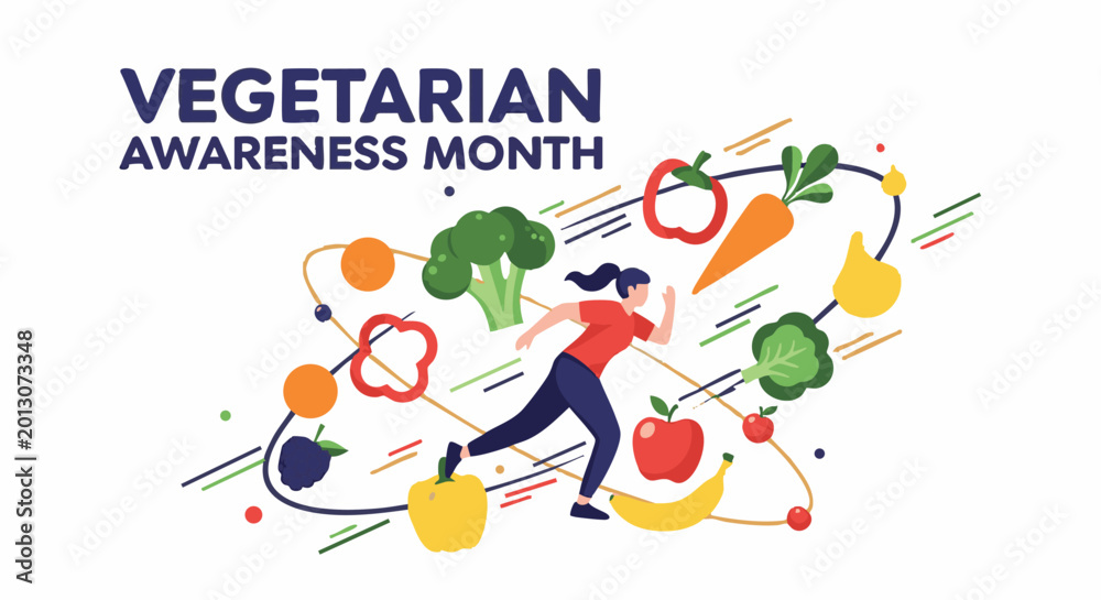 Fototapeta premium Woman dancing with colorful vegetables and fruits in playful vibrant illustration for Vegetarian Awareness Month