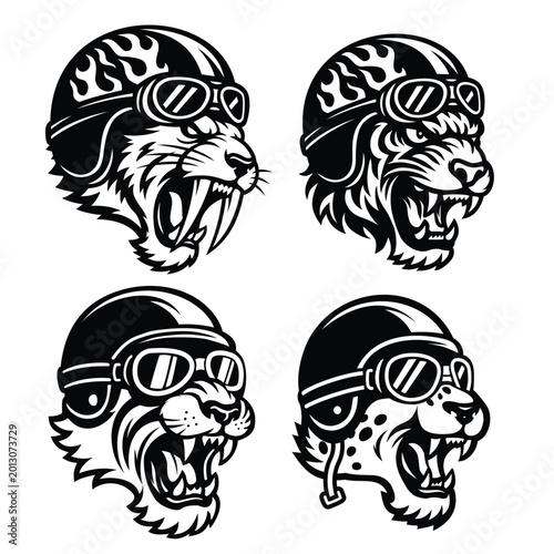 Rampaging Wild Tigers Head with Vintage Biker Helmet Bundle Set