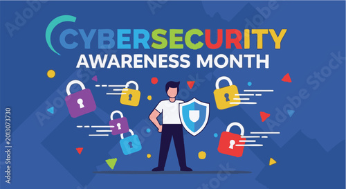 Man holding shield with colorful locks and cybersecurity awareness month text in vibrant playful lighting for technology marketing